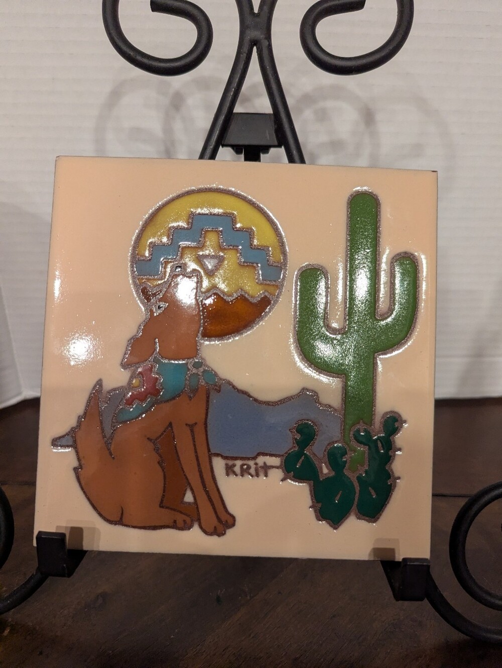 Vintage Earthtones Ceramic Trivet Southwestern Coyote Cactus Decorative Tile